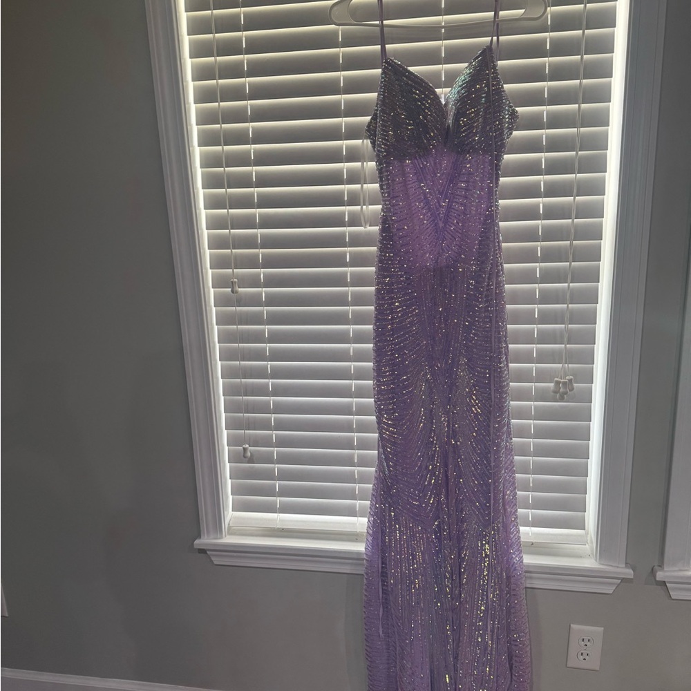 Lavender Sequin Spaghetti Strap Evening Gown